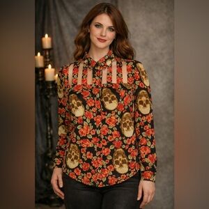 Womens Shirt Sz S Skulls Roses Cutouts Spiked Goth Rockabilly Long Sleeve Sheer